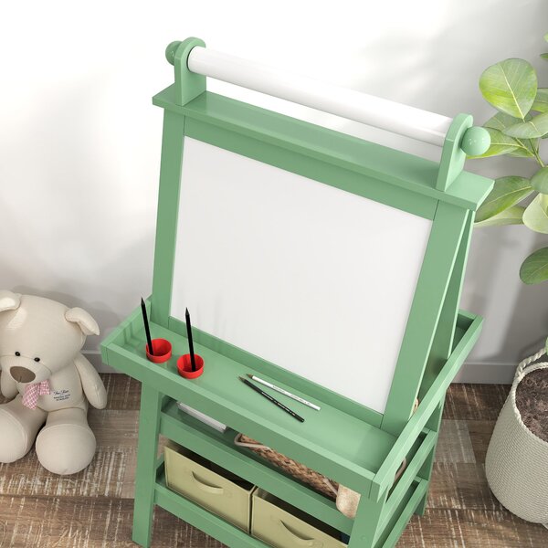 AIYAPLAY 3 in 1 Kids Art Easel, Double-Sided Magnetic Whiteboard and Chalkboard with Paper Roll, Storage Baskets, Painting Easel for Kids, Green Aosom UK
