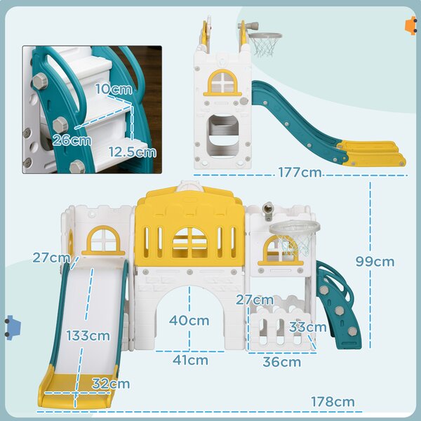 AIYAPLAY 7 in 1 Toddler Slide for 1-3 Years with Basketball Hoop, Aosom UK