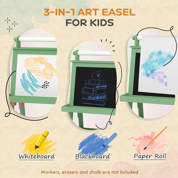 AIYAPLAY 3 in 1 Kids Art Easel, Double-Sided Magnetic Whiteboard and Chalkboard with Paper Roll, Storage Baskets, Painting Easel for Kids, Green Aosom UK