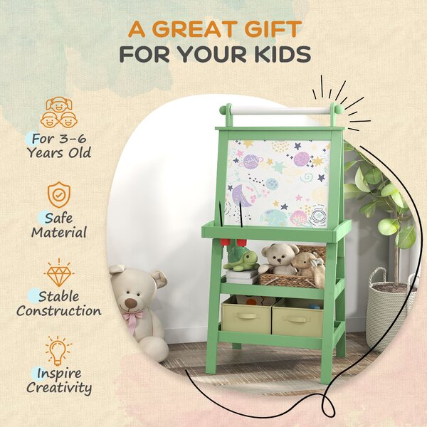 AIYAPLAY 3 in 1 Kids Art Easel, Double-Sided Magnetic Whiteboard and Chalkboard with Paper Roll, Storage Baskets, Painting Easel for Kids, Green Aosom UK