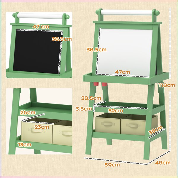 AIYAPLAY 3 in 1 Kids Art Easel, Double-Sided Magnetic Whiteboard and Chalkboard with Paper Roll, Storage Baskets, Painting Easel for Kids, Green Aosom UK