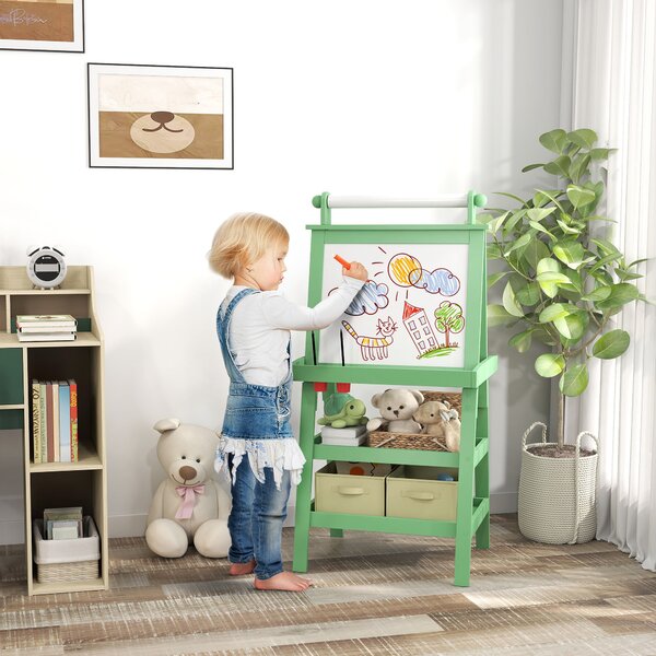 AIYAPLAY 3 in 1 Kids Art Easel, Double-Sided Magnetic Whiteboard and Chalkboard with Paper Roll, Storage Baskets, Painting Easel for Kids, Green Aosom UK