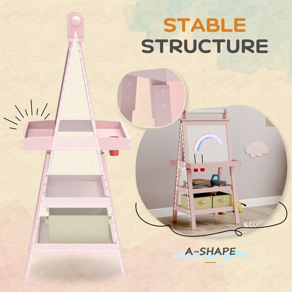 AIYAPLAY 3-in-1 Kids Easel, Double-Sided Magnetic Whiteboard & Chalkboard with Paper Roll and Storage Baskets, Pink Aosom UK