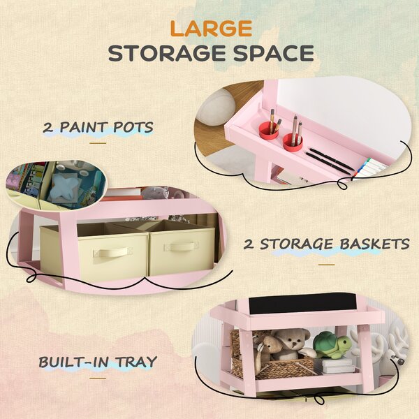 AIYAPLAY 3-in-1 Kids Easel, Double-Sided Magnetic Whiteboard & Chalkboard with Paper Roll and Storage Baskets, Pink Aosom UK