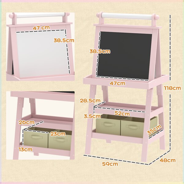 AIYAPLAY 3-in-1 Kids Easel, Double-Sided Magnetic Whiteboard & Chalkboard with Paper Roll and Storage Baskets, Pink Aosom UK