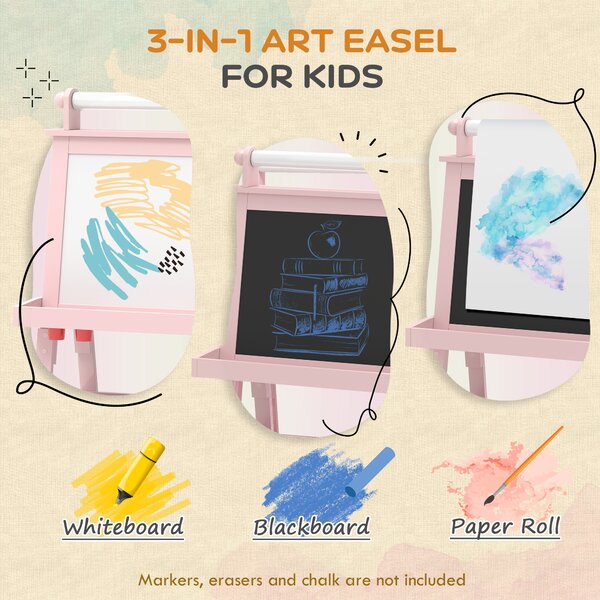 AIYAPLAY 3-in-1 Kids Easel, Double-Sided Magnetic Whiteboard & Chalkboard with Paper Roll and Storage Baskets, Pink Aosom UK