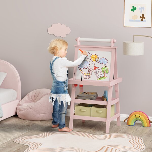 AIYAPLAY 3-in-1 Kids Easel, Double-Sided Magnetic Whiteboard & Chalkboard with Paper Roll and Storage Baskets, Pink Aosom UK