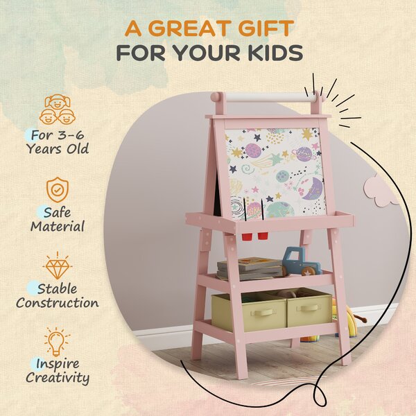 AIYAPLAY 3-in-1 Kids Easel, Double-Sided Magnetic Whiteboard & Chalkboard with Paper Roll and Storage Baskets, Pink Aosom UK