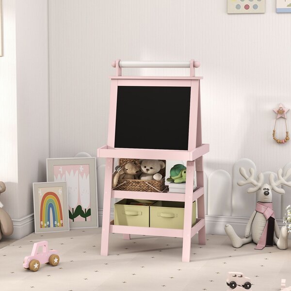 AIYAPLAY 3-in-1 Kids Easel, Double-Sided Magnetic Whiteboard & Chalkboard with Paper Roll and Storage Baskets, Pink Aosom UK