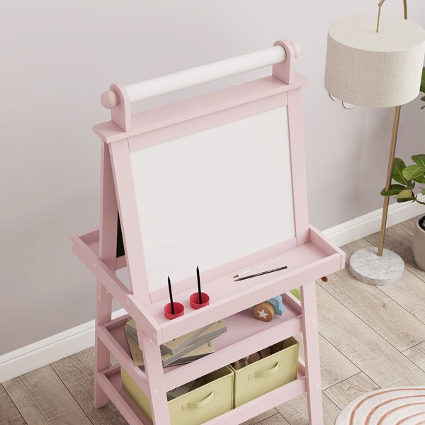 AIYAPLAY 3-in-1 Kids Easel, Double-Sided Magnetic Whiteboard & Chalkboard with Paper Roll and Storage Baskets, Pink Aosom UK