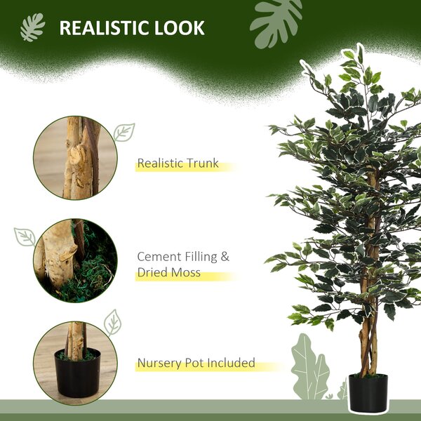 HOMCOM Set of 2 Artificial Ficus Trees, 130cm Tall with Realistic Leaves & Natural Trunks, Indoor/Outdoor Decor, Green Aosom UK