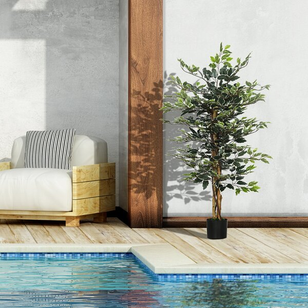 HOMCOM Set of 2 Artificial Ficus Trees, 130cm Tall with Realistic Leaves & Natural Trunks, Indoor/Outdoor Decor, Green Aosom UK