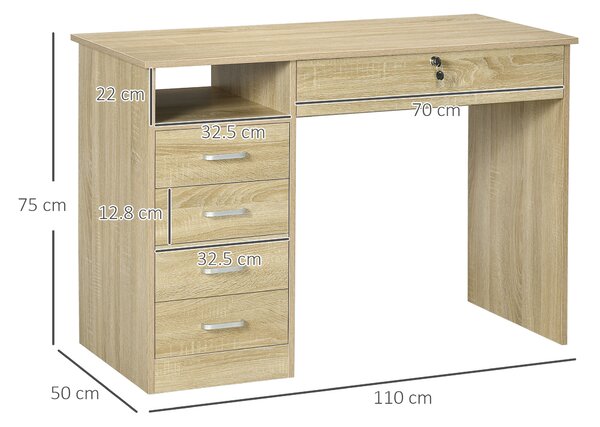 HOMCOM Desk with Shelves, Office Table with Large Desktop, Shelf and Five Drawers, One Lockable Drawer, for Study & Work & Write, Oak Aosom UK