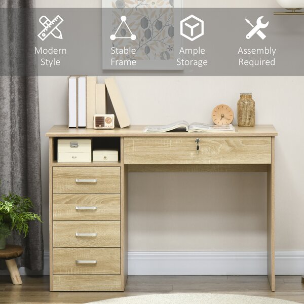HOMCOM Desk with Shelves, Office Table with Large Desktop, Shelf and Five Drawers, One Lockable Drawer, for Study & Work & Write, Oak Aosom UK