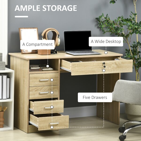 HOMCOM Desk with Shelves, Office Table with Large Desktop, Shelf and Five Drawers, One Lockable Drawer, for Study & Work & Write, Oak Aosom UK