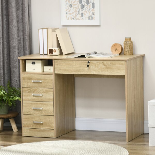 HOMCOM Desk with Shelves, Office Table with Large Desktop, Shelf and Five Drawers, One Lockable Drawer, for Study & Work & Write, Oak Aosom UK