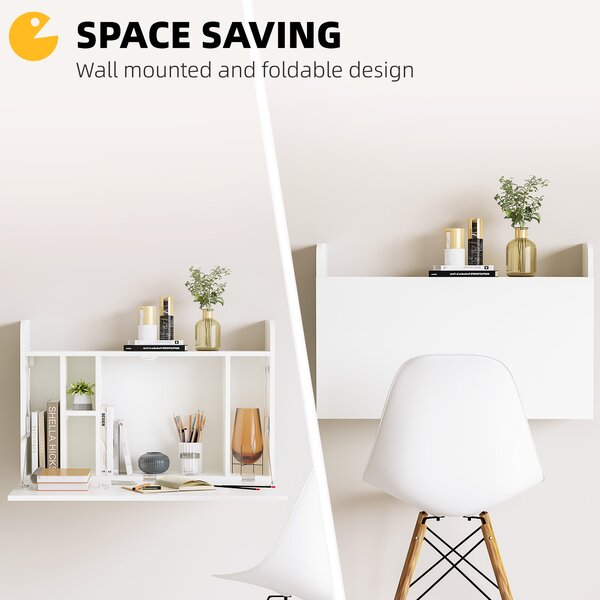 HOMCOM Wall Mounted Table, Drop Leaf Floating Laptop Desk with Space Saving Storage Compartments for Home, Office and Study, White Aosom UK