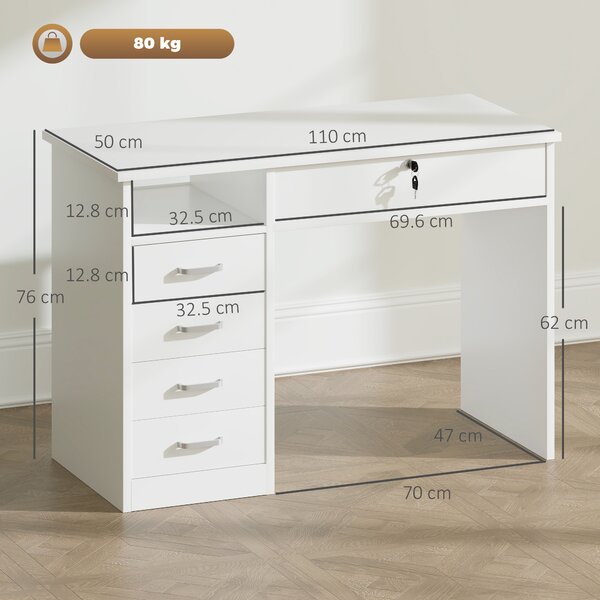 HOMCOM Computer Desk, Home Office Desk with Lockable Drawer, Storage Shelf for Study Bedroom, 110 x 50 x 76 cm, White