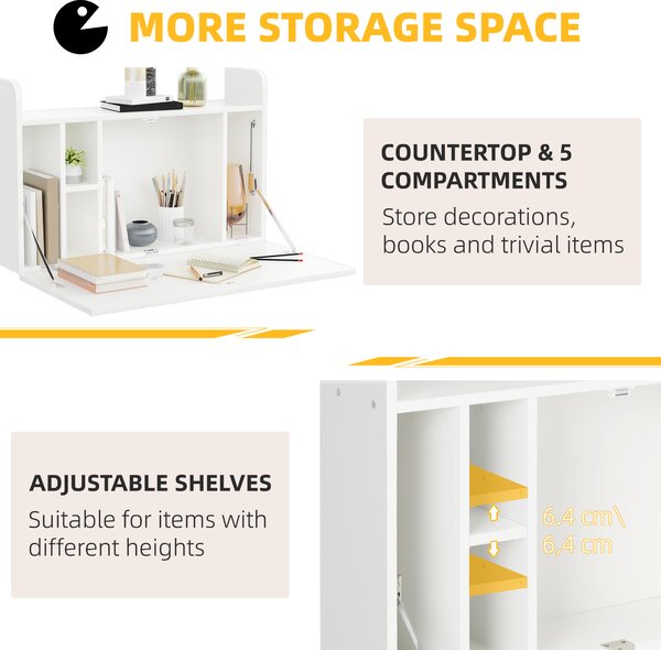 HOMCOM Wall Mounted Table, Drop Leaf Floating Laptop Desk with Space Saving Storage Compartments for Home, Office and Study, White Aosom UK