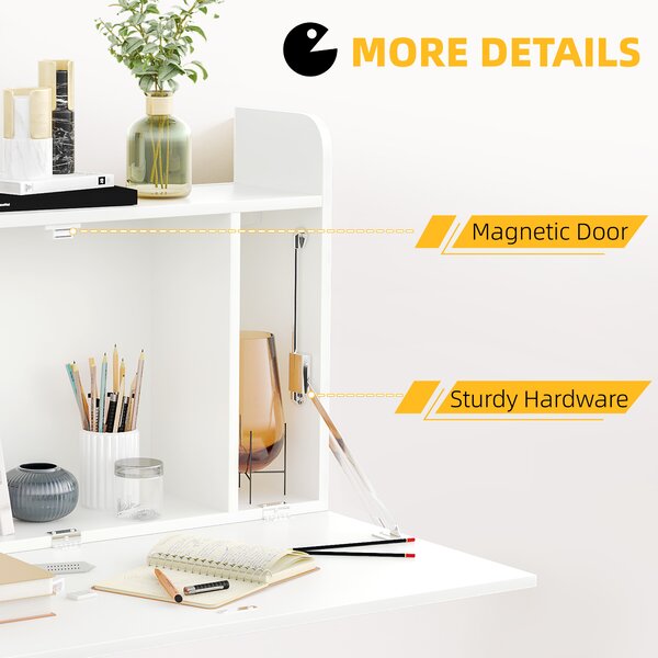 HOMCOM Wall Mounted Table, Drop Leaf Floating Laptop Desk with Space Saving Storage Compartments for Home, Office and Study, White Aosom UK