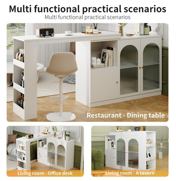 360° Rotating Kitchen Bar Table with Glass Doors, Metal Handles, Multifunctional Cabinet with Open Shelves, 120L x 120W x 97H cm, White Aosom.UK