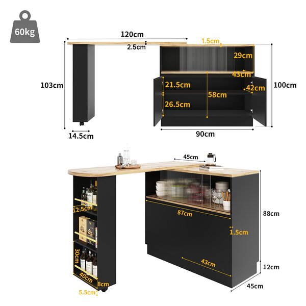 360° Rotating Bar Cabinet Table, Sliding Glass Doors, Open Shelves, Space-Saving Drinks Station for Dining Room, 90x120x100 cm, Black Aosom UK