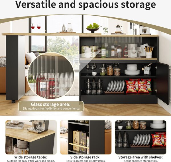 360° Rotating Bar Cabinet Table, Sliding Glass Doors, Open Shelves, Space-Saving Drinks Station for Dining Room, 90x120x100 cm, Black Aosom UK