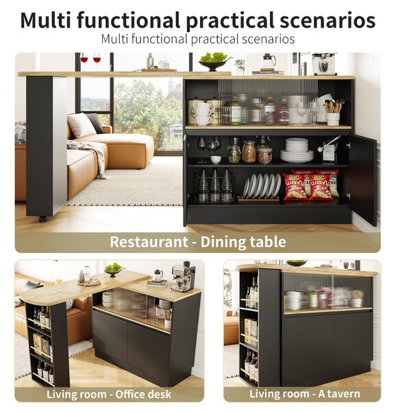 360° Rotating Bar Cabinet Table, Sliding Glass Doors, Open Shelves, Space-Saving Drinks Station for Dining Room, 90x120x100 cm, Black Aosom UK