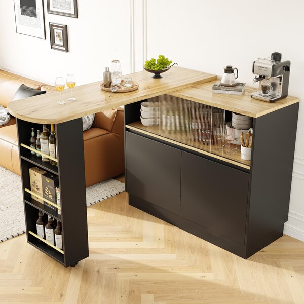 360° Rotating Bar Cabinet Table, Sliding Glass Doors, Open Shelves, Space-Saving Drinks Station for Dining Room, 90x120x100 cm, Black Aosom UK