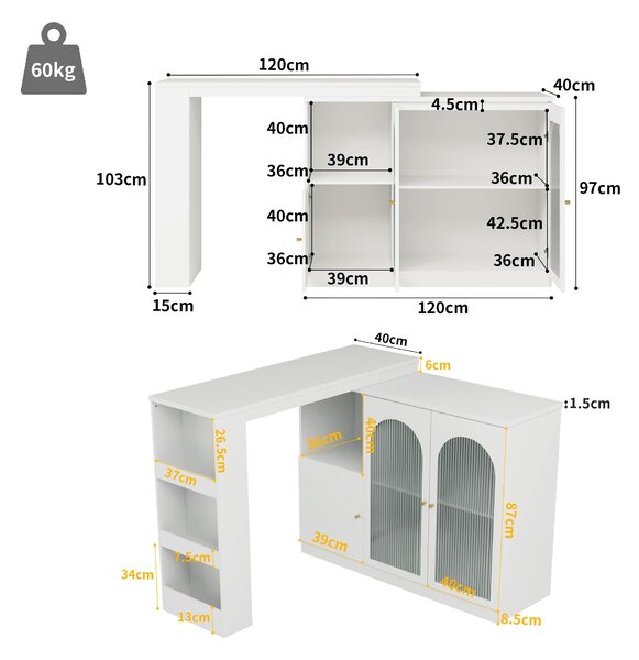 360° Rotating Kitchen Bar Table with Glass Doors, Metal Handles, Multifunctional Cabinet with Open Shelves, 120L x 120W x 97H cm, White Aosom.UK
