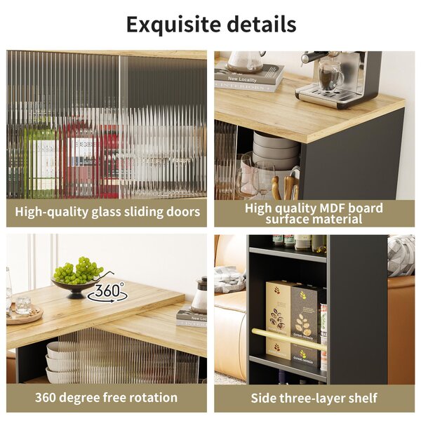 360° Rotating Bar Cabinet Table, Sliding Glass Doors, Open Shelves, Space-Saving Drinks Station for Dining Room, 90x120x100 cm, Black Aosom UK