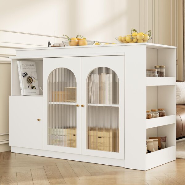 360° Rotating Kitchen Bar Table with Glass Doors, Metal Handles, Multifunctional Cabinet with Open Shelves, 120L x 120W x 97H cm, White Aosom.UK