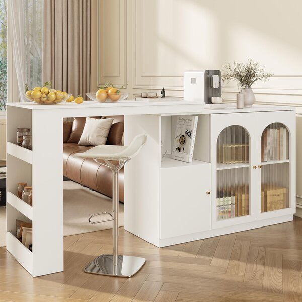 360° Rotating Kitchen Bar Table with Glass Doors, Metal Handles, Multifunctional Cabinet with Open Shelves, 120L x 120W x 97H cm, White Aosom.UK