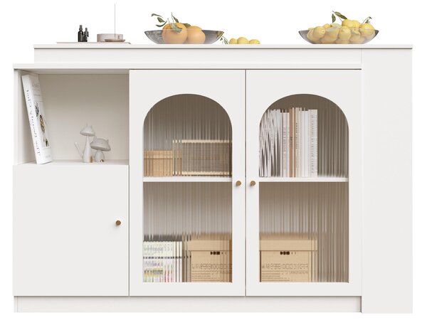 360° Rotating Kitchen Bar Table with Glass Doors, Metal Handles, Multifunctional Cabinet with Open Shelves, 120L x 120W x 97H cm, White Aosom.UK
