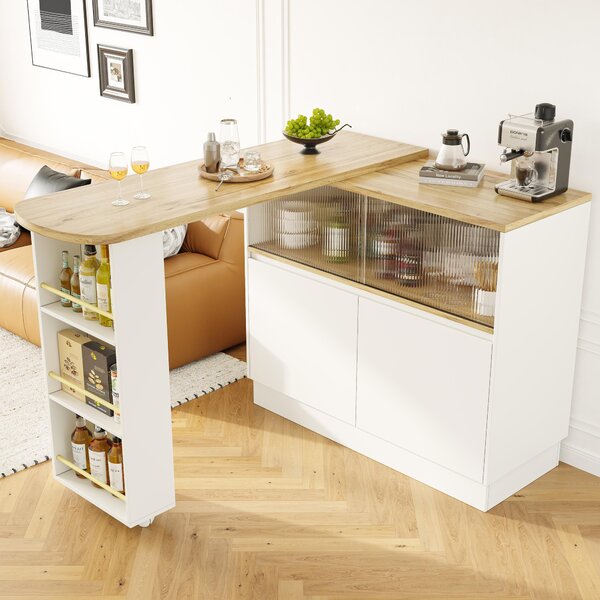 360° Rotating Bar Cabinet Table, Sliding Glass Doors, Open Shelves, Space-Saving Drinks Station for Dining Room, 90x120x100 cm, White Aosom UK