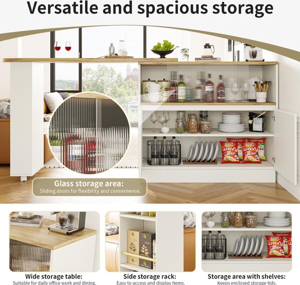 360° Rotating Bar Cabinet Table, Sliding Glass Doors, Open Shelves, Space-Saving Drinks Station for Dining Room, 90x120x100 cm, White Aosom UK