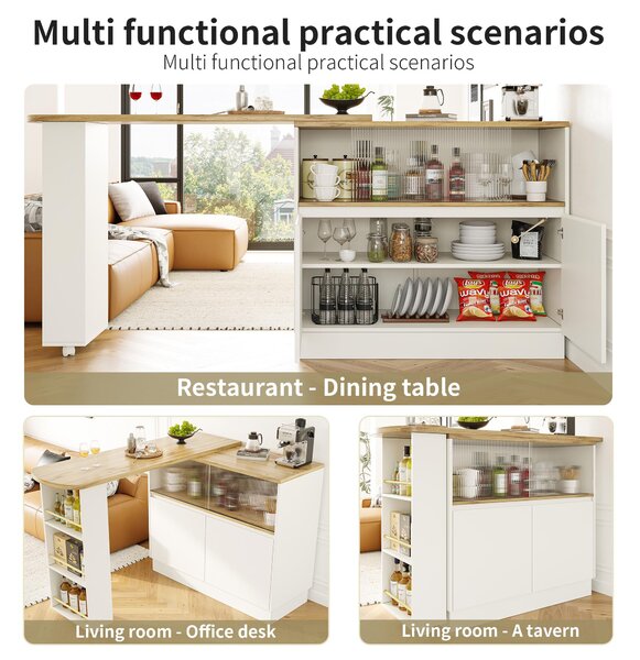 360° Rotating Bar Cabinet Table, Sliding Glass Doors, Open Shelves, Space-Saving Drinks Station for Dining Room, 90x120x100 cm, White Aosom UK