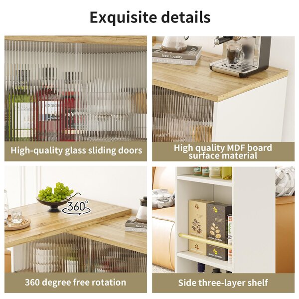 360° Rotating Bar Cabinet Table, Sliding Glass Doors, Open Shelves, Space-Saving Drinks Station for Dining Room, 90x120x100 cm, White Aosom UK