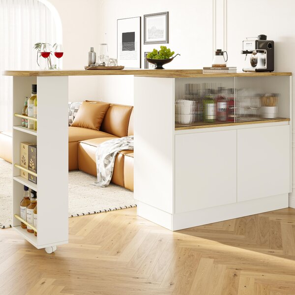 360° Rotating Bar Cabinet Table, Sliding Glass Doors, Open Shelves, Space-Saving Drinks Station for Dining Room, 90x120x100 cm, White Aosom UK