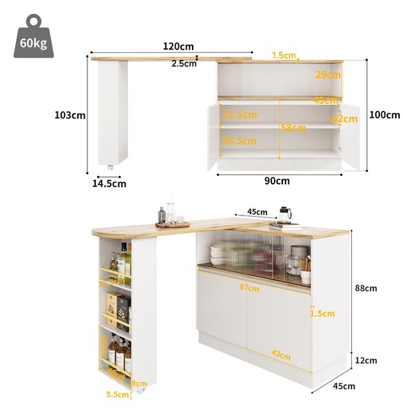 360° Rotating Bar Cabinet Table, Sliding Glass Doors, Open Shelves, Space-Saving Drinks Station for Dining Room, 90x120x100 cm, White Aosom UK