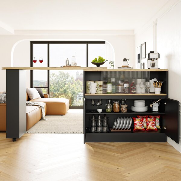 360° Rotating Bar Cabinet Table, Sliding Glass Doors, Open Shelves, Space-Saving Drinks Station for Dining Room, 90x120x100 cm, Black Aosom UK