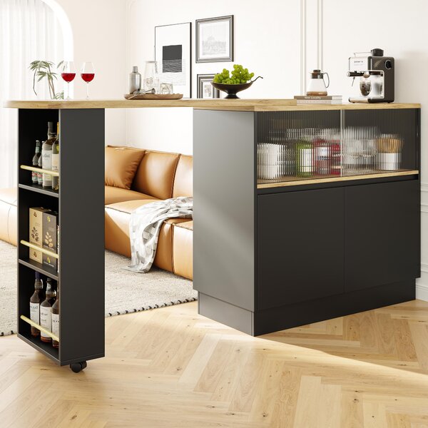 360° Rotating Bar Cabinet Table, Sliding Glass Doors, Open Shelves, Space-Saving Drinks Station for Dining Room, 90x120x100 cm, Black Aosom UK