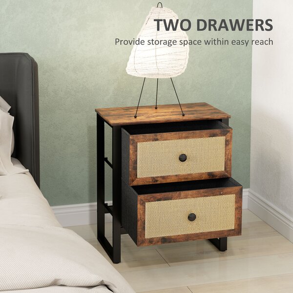 HOMCOM Bedside Table, Side Table with 2 Rattan Drawers, Bedside Cabinet with Storage and Steel Legs for Bedroom, Living Room, Rustic Brown Aosom UK