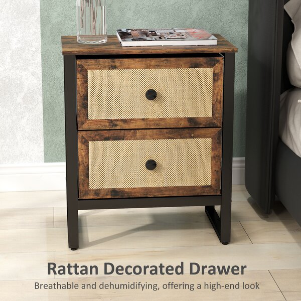 HOMCOM Bedside Table, Side Table with 2 Rattan Drawers, Bedside Cabinet with Storage and Steel Legs for Bedroom, Living Room, Rustic Brown Aosom UK