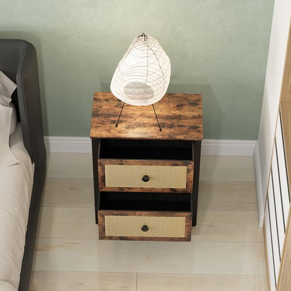 HOMCOM Bedside Table, Side Table with 2 Rattan Drawers, Bedside Cabinet with Storage and Steel Legs for Bedroom, Living Room, Rustic Brown Aosom UK