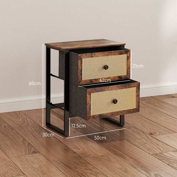 HOMCOM Bedside Table, Side Table with 2 Rattan Drawers, Bedside Cabinet with Storage and Steel Legs for Bedroom, Living Room, Rustic Brown Aosom UK