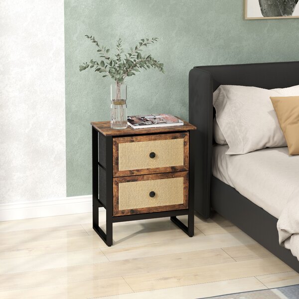 HOMCOM Bedside Table, Side Table with 2 Rattan Drawers, Bedside Cabinet with Storage and Steel Legs for Bedroom, Living Room, Rustic Brown Aosom UK