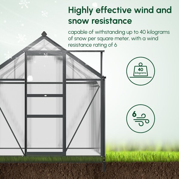Outsunny Polycarbonate Greenhouse Large Walk-In Green House Garden Plants Grow Galvanized Base Aluminium Frame w/ Slide Door, 6 x 4ft, Grey Aosom UK