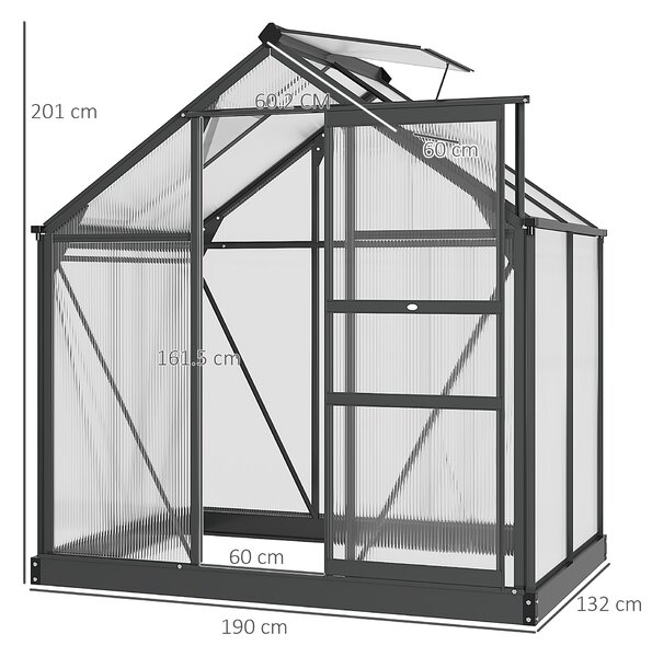 Outsunny Polycarbonate Greenhouse Large Walk-In Green House Garden Plants Grow Galvanized Base Aluminium Frame w/ Slide Door, 6 x 4ft, Grey Aosom UK