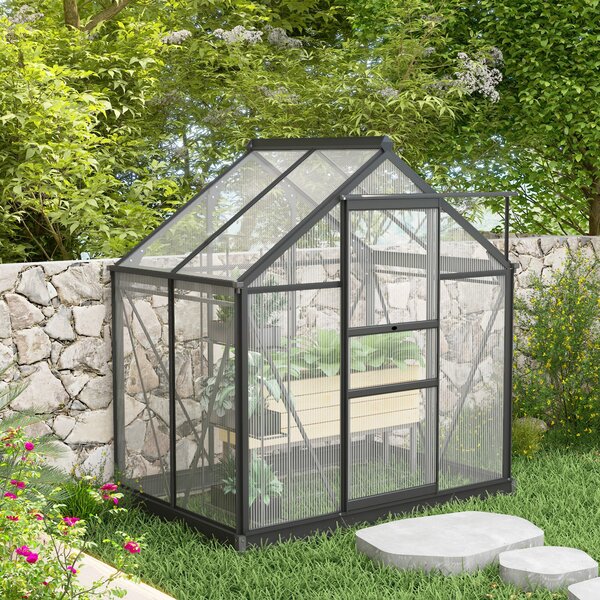 Outsunny Polycarbonate Greenhouse Large Walk-In Green House Garden Plants Grow Galvanized Base Aluminium Frame w/ Slide Door, 6 x 4ft, Grey Aosom UK
